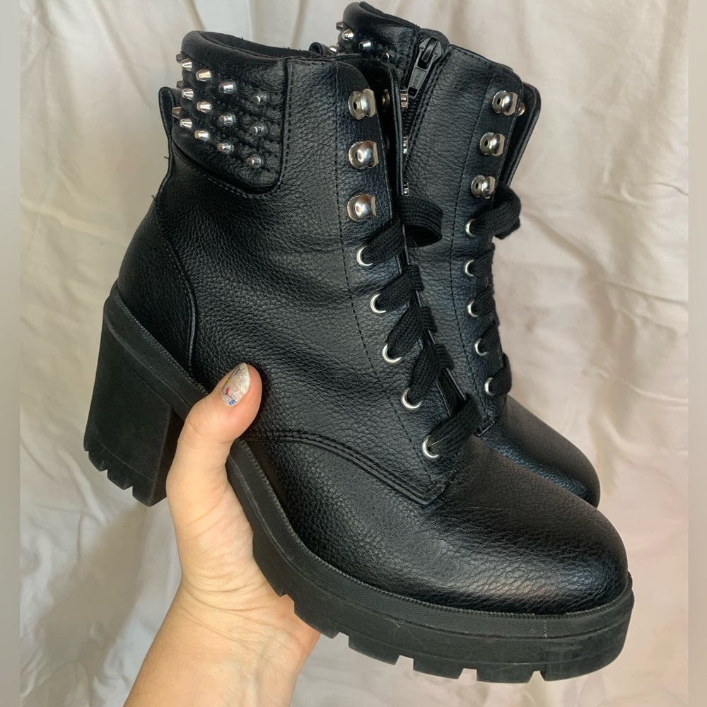 Black studded, chunky heel boots
